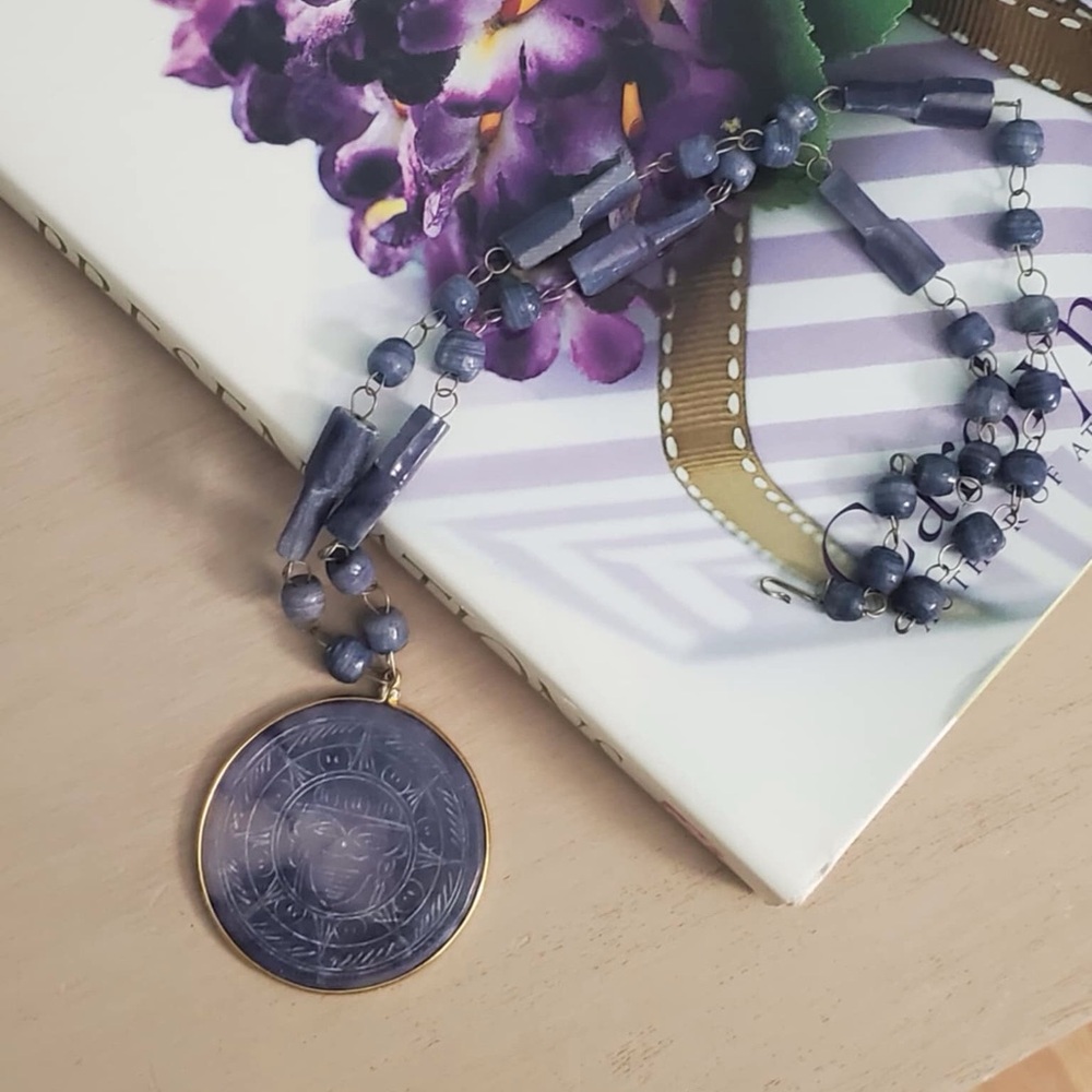 Mexican Aztec pendant necklace, Carved purple stone necklace, Sundial